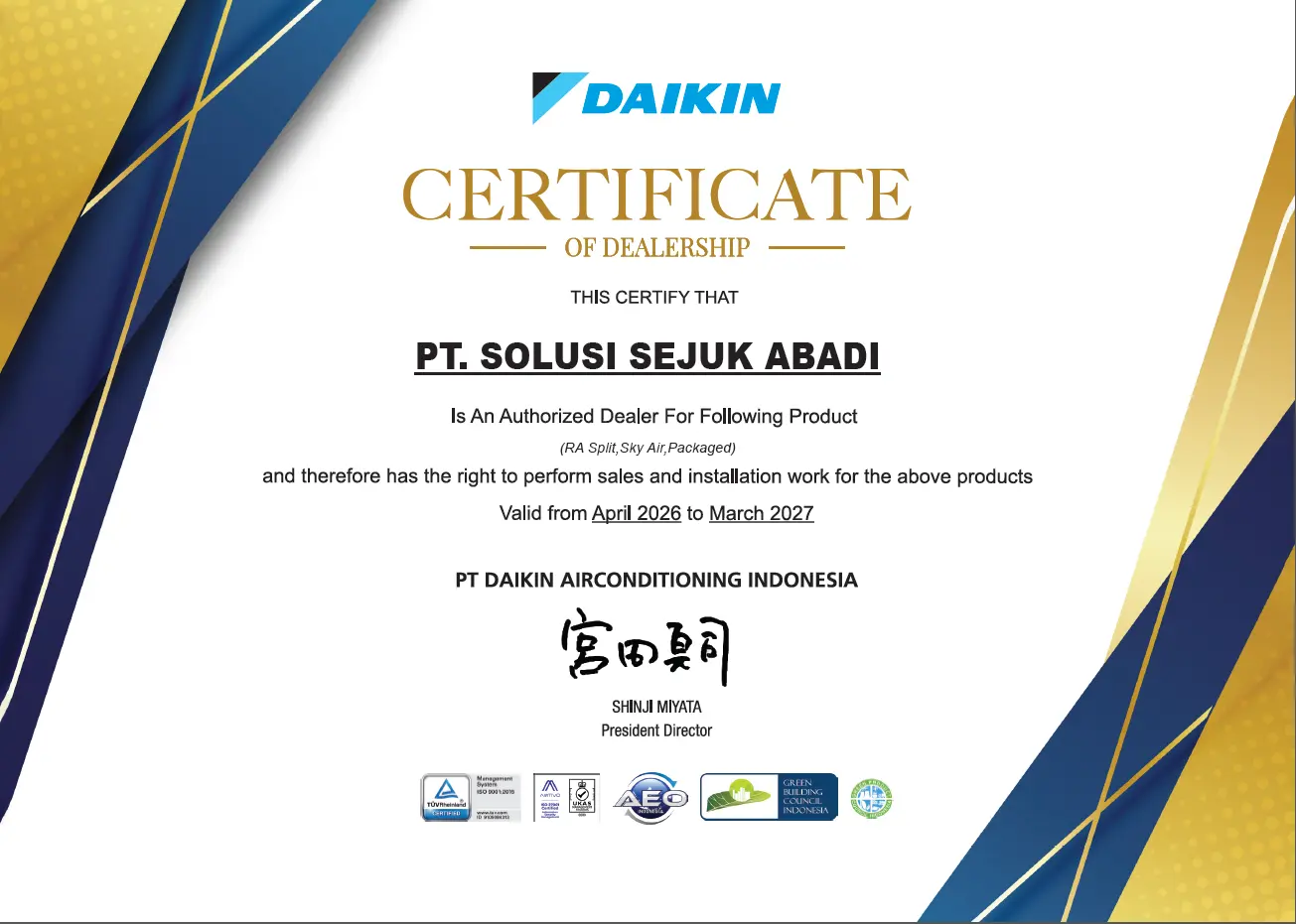 Daikin Certificate of Dealership